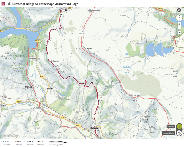 Cutthroat Bridge to Hathersage route map